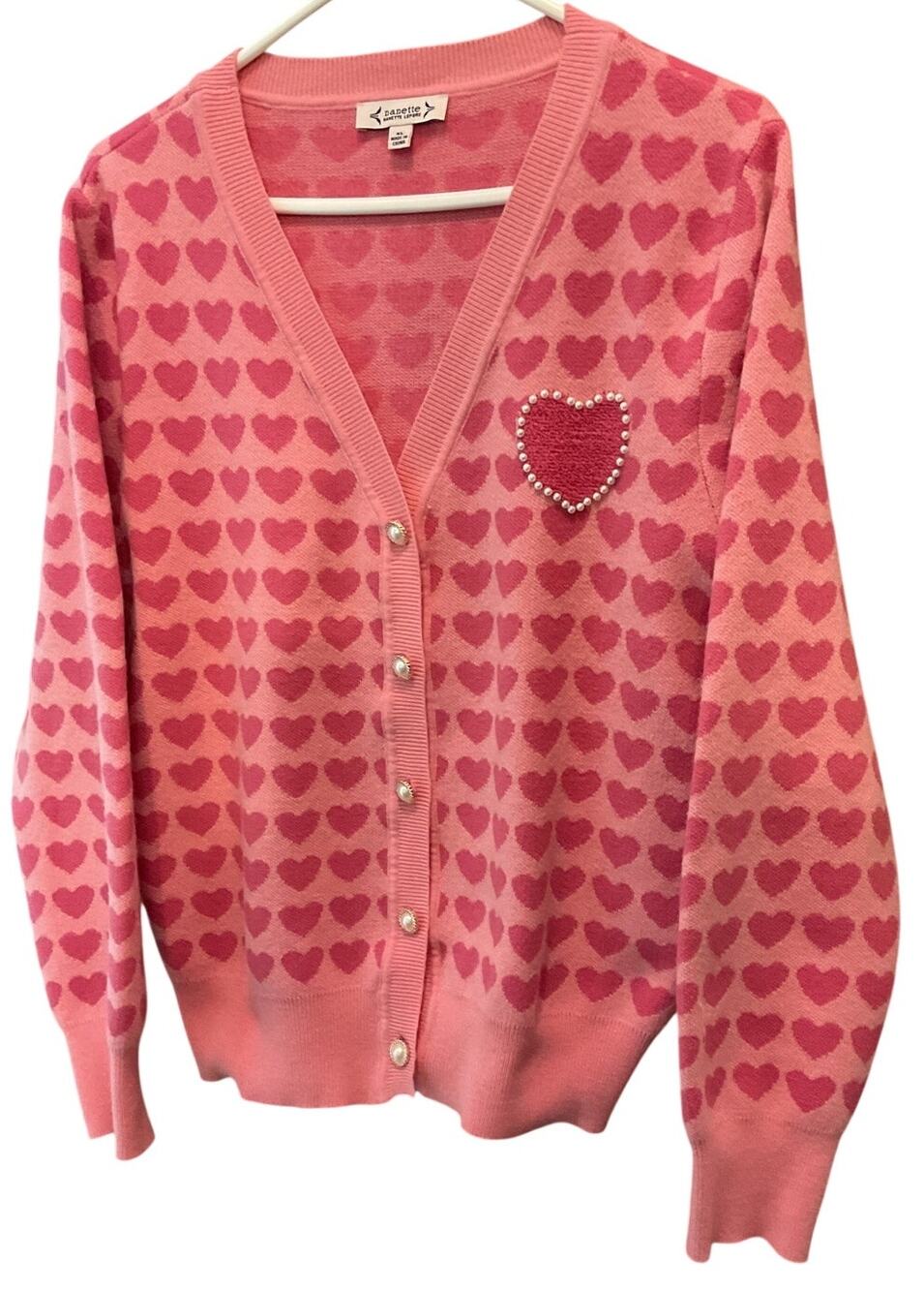 Vintage 90’s Nanette Lepore Hearts & Pearls Cardigan Pink on Pink XL Excellent